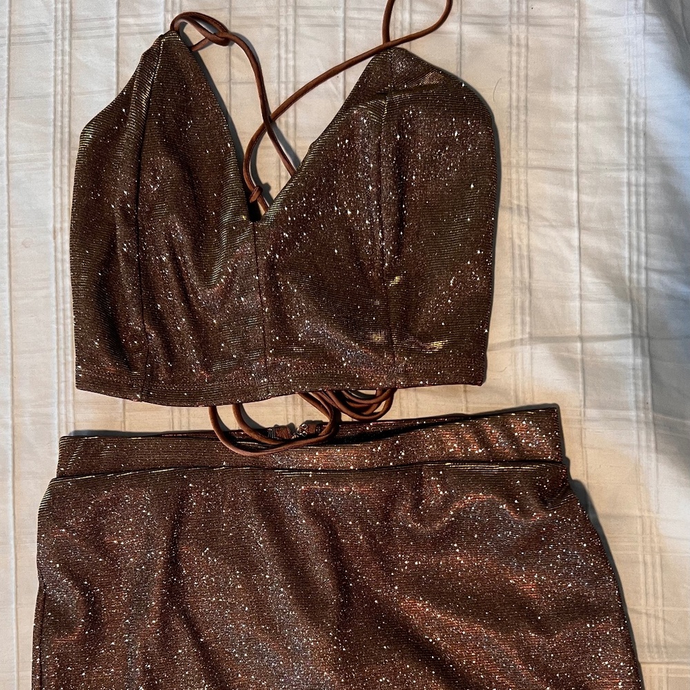 Lulu’s Shimmer and Shake Iridescent Gold Two Piece Dress